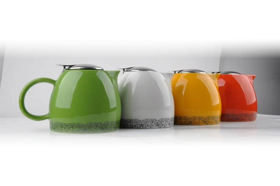 Tea Pots in green, white, yellow and red